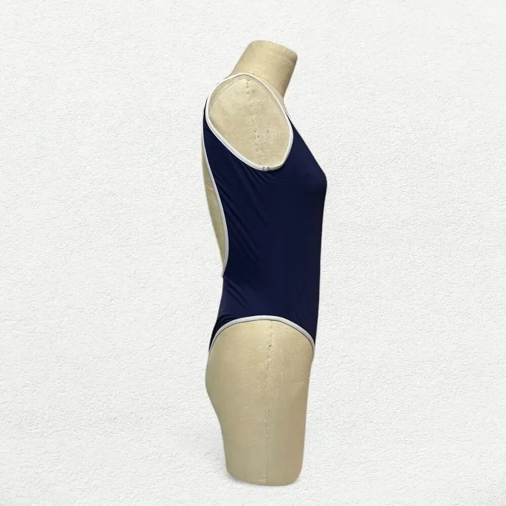 Sporty & Rich Carla Open Back One Piece Swimsuit in Navy Blue & White